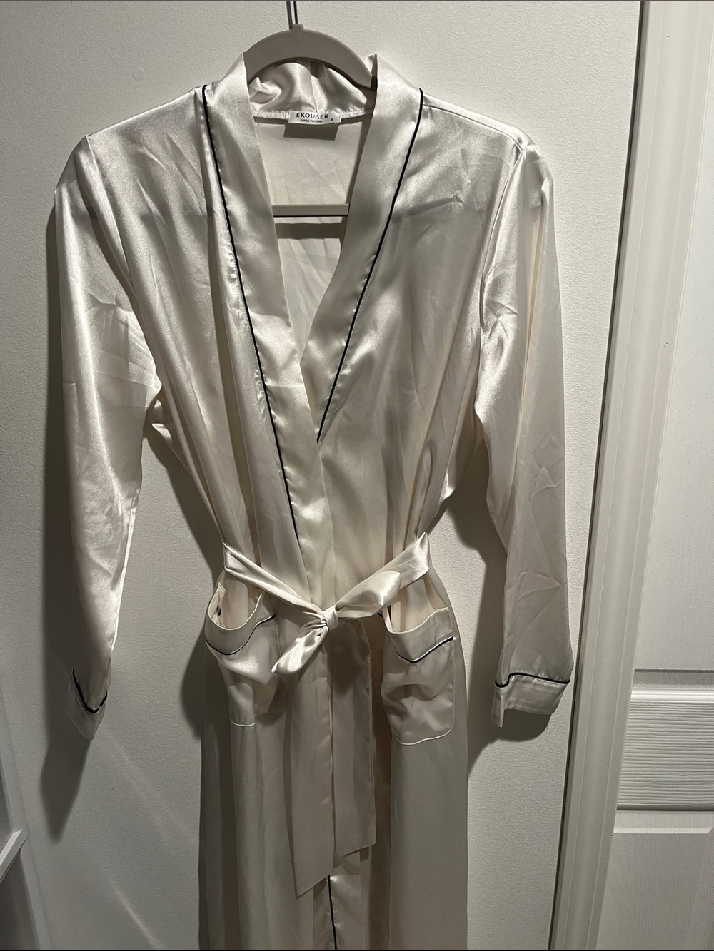 Classic Wedding Day Ivory Satin Robe with Black Piping